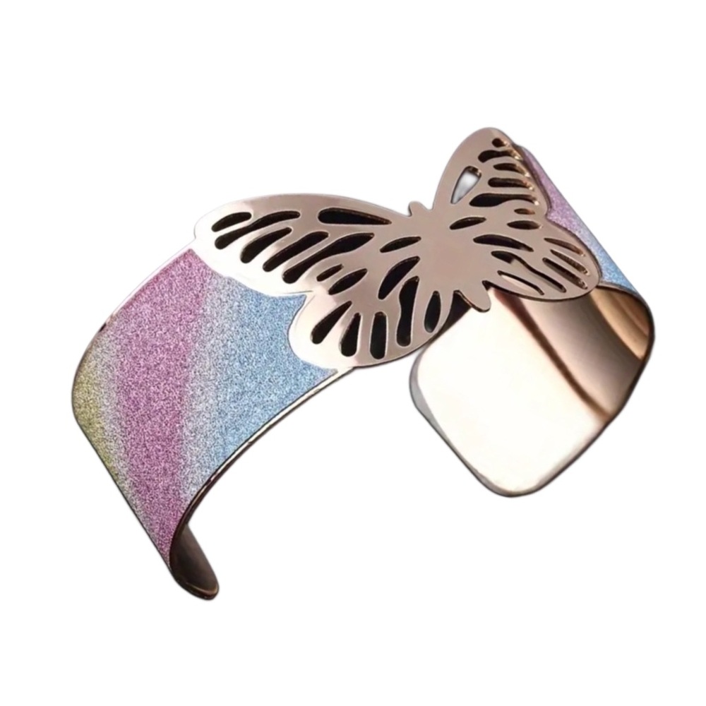 Rose Gold Butterfly Rainbow Sparkle Open Cuff Bracelet